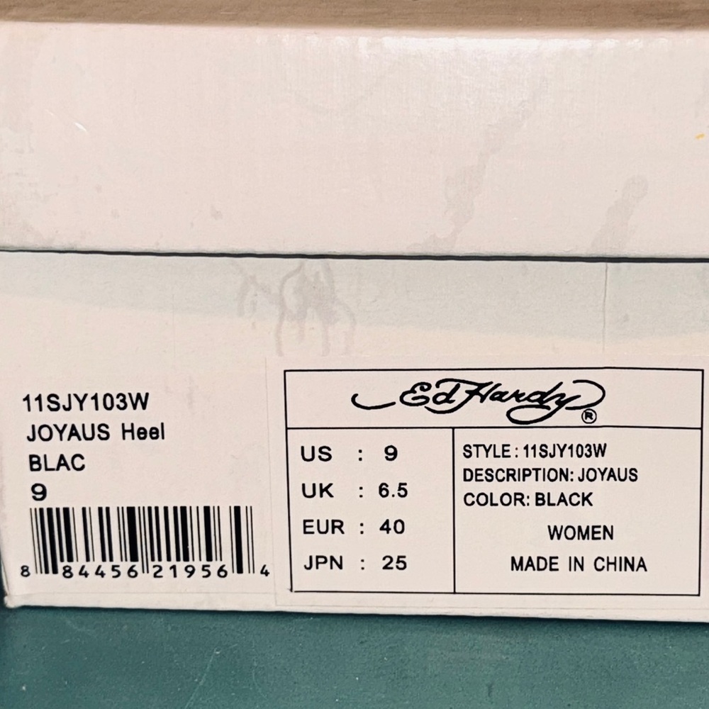 Ed Hardy Joyaus Wedge Heels Black Skull Floral Peep Toe Size 9 New w/ Box - Picture 8 of 8